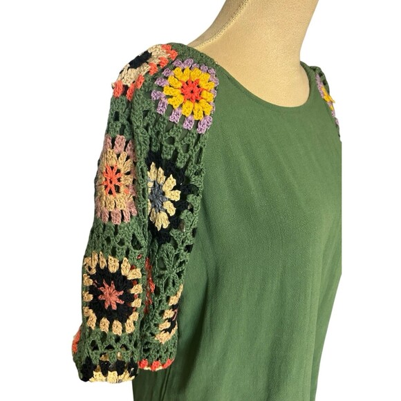 UMGEE Crocheted Green Lined Sleeves Linen Cotton Flutter Short Sleeves Top Sz S - Picture 5 of 11